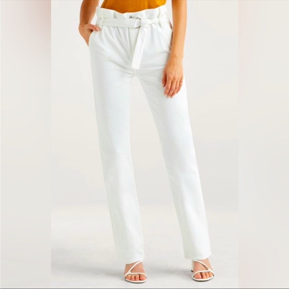 7FAM High Rise Paperbag Optic White Straight Leg Jeans NWOT